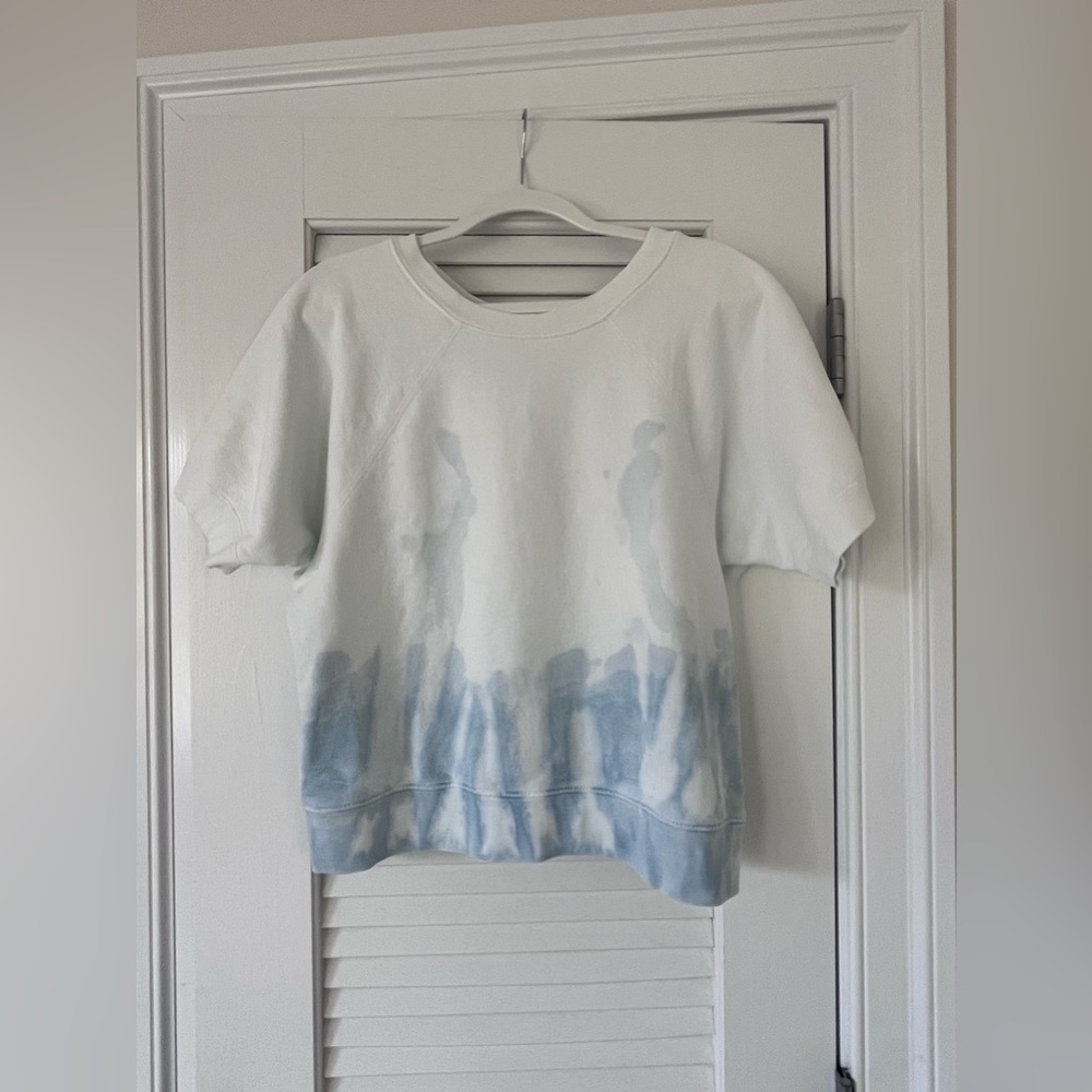 Nili Lotan Short Sleeve Sweatshirt in White and Light Blue Tie Dye